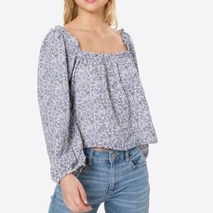 American Eagle Blue Floral Peasant Blouse Cottagecore Button Front Wide Neck Bl…